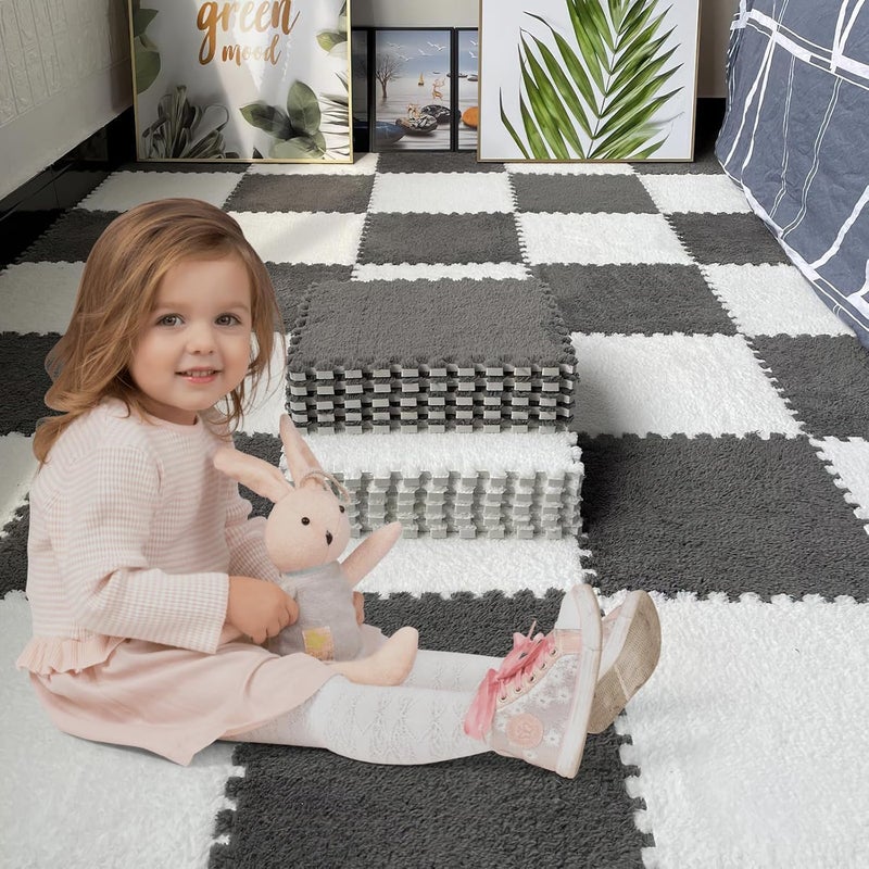 JADERLU 16pcs 0.6" Thickened Interlocking Tile Mats,Fluffy Shaggy Soft EVA Foam Area Rug for Living Room & Bedroom,Non-Slip Protective Floor Carpet Play Mat Kids Baby Dorm Home Decor (11.8ft, White) - Image 4